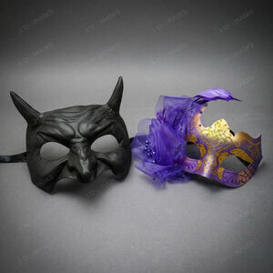 Black Horned Demon Mask & Gold Purple Tulle Glitter Masquerade Couple Mask Set